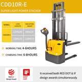 Fully Powered Electric Stacker 2200lbs Capacity With Fixed Legs - 98"/118" Lifting - CDD10RE